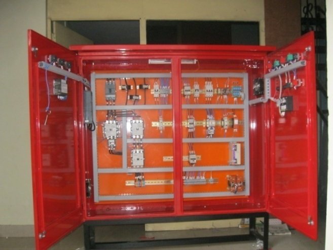 Bright red flameproof panel, doors open