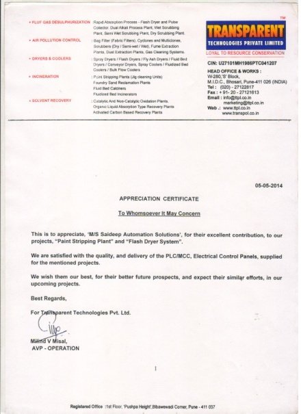 Appreciation letter from Transparent Technologies