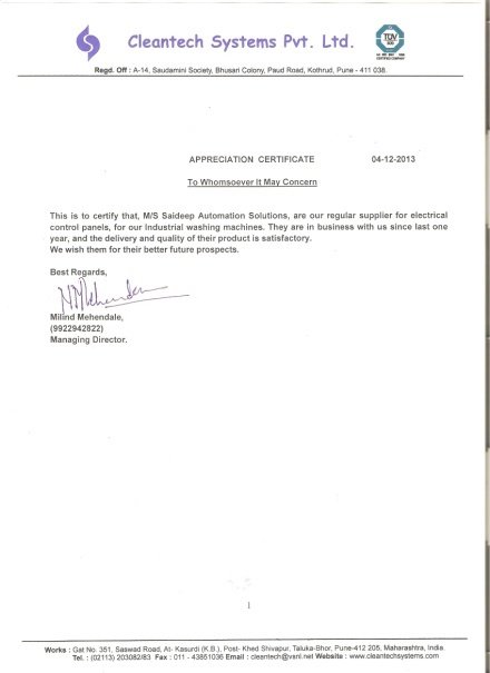 Appreciation letter from Cleantech Systems